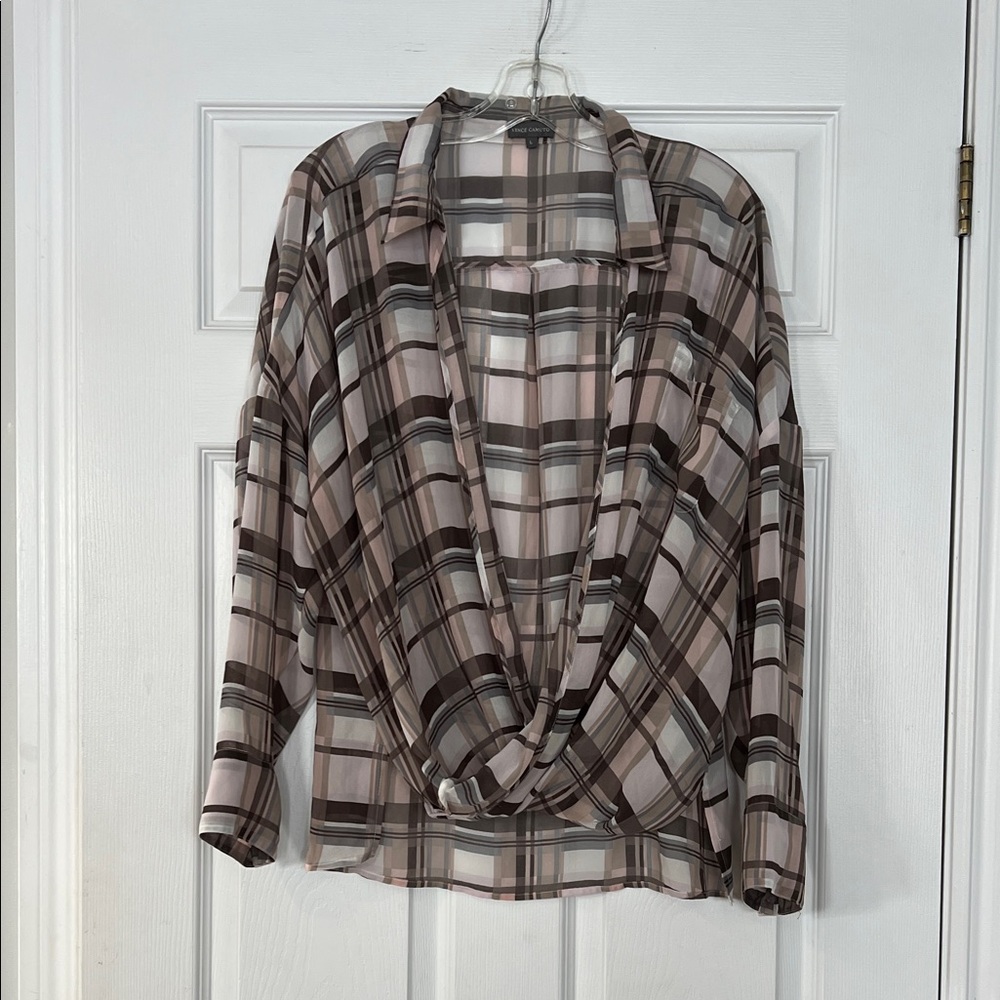 Vince Camuto Plaid Drape Blouse - Pink and Brown